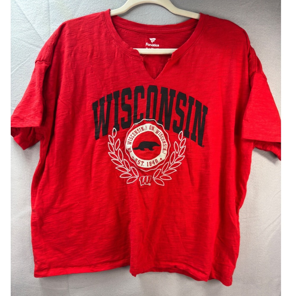 Wisconsin Badgers Football Women XL‎ Red Cotton Slub V-Neck Tee NCAA Bucky UW